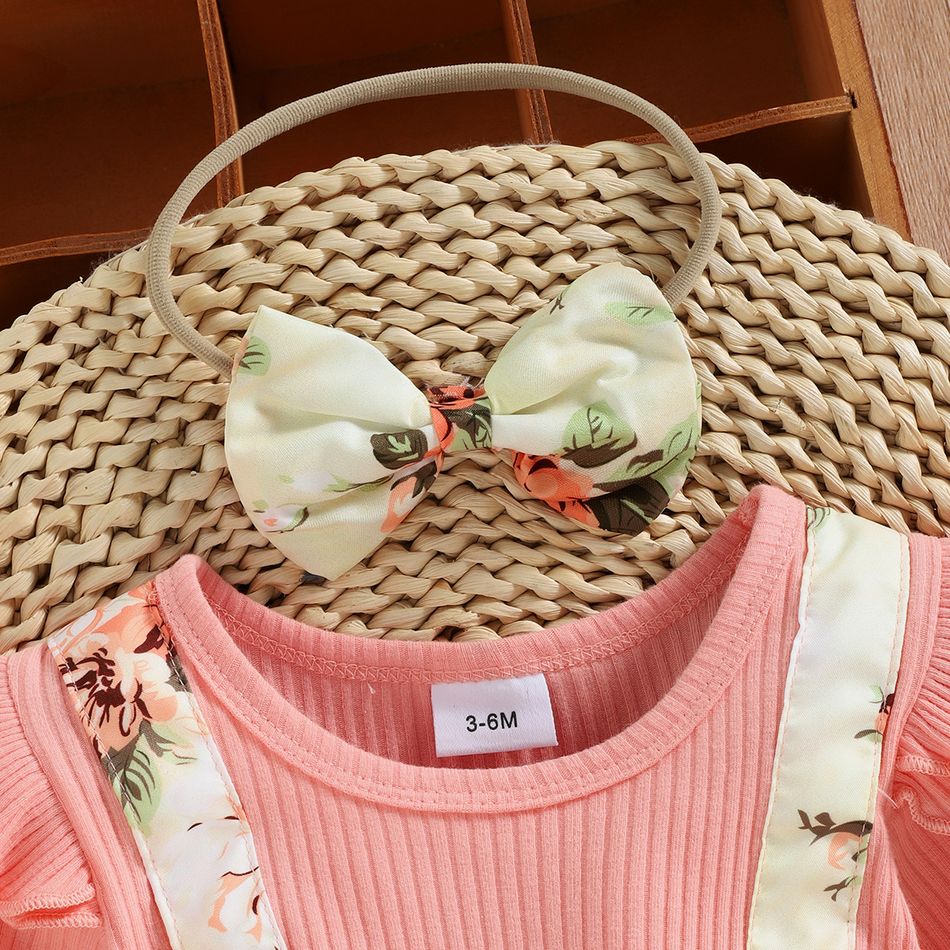 2pcs Baby Girl 95% Cotton Ribbed Long-sleeve Faux-two Floral Print Romper with Headband Set Pink big image 7