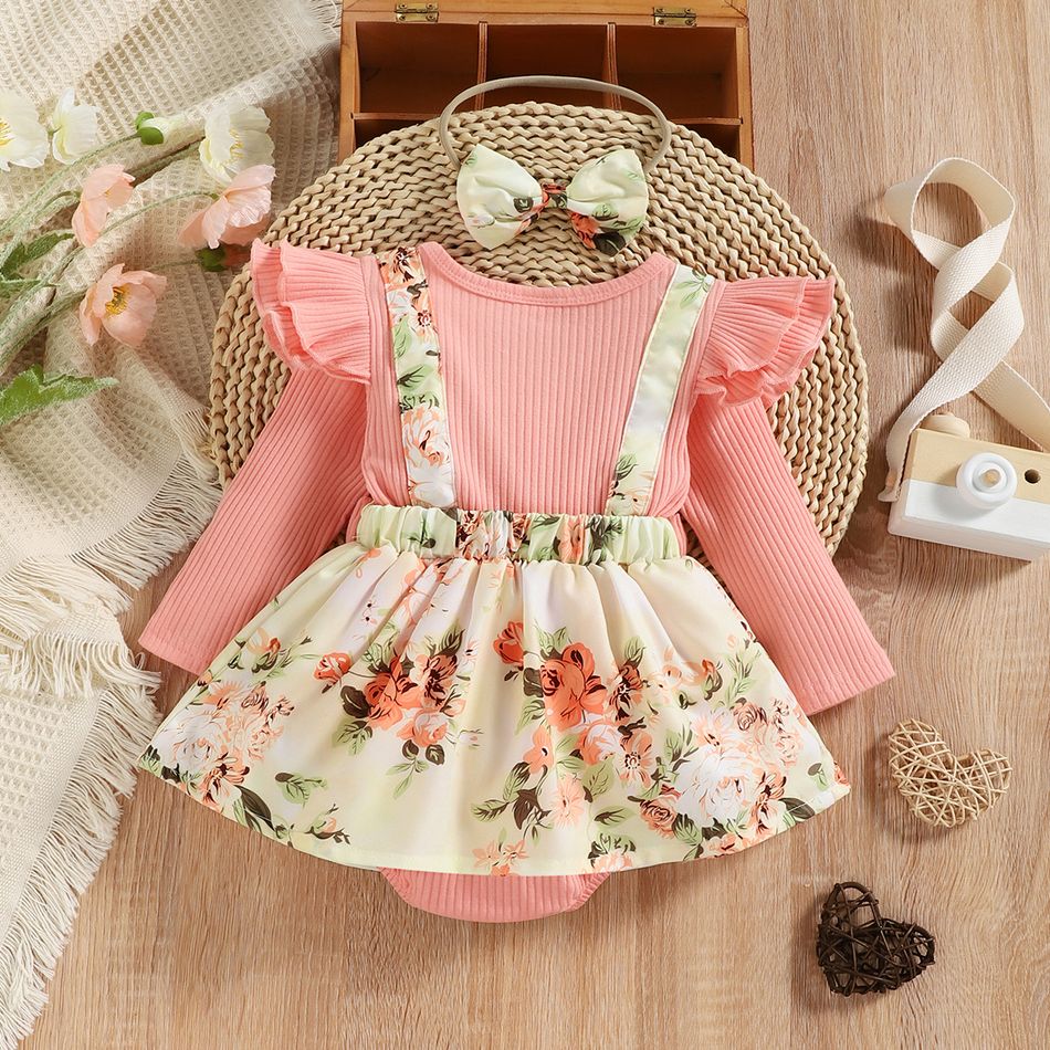 2pcs Baby Girl 95% Cotton Ribbed Long-sleeve Faux-two Floral Print Romper with Headband Set Pink