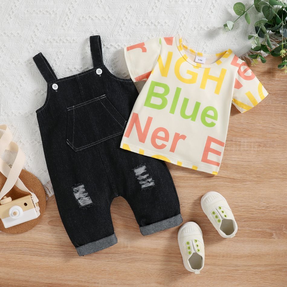 2pcs Baby Boy Allover Letter Print Short-sleeve Tee and Ripped Denim Overalls Set Multi-color