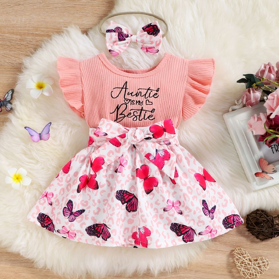 2pcs Baby Girl Flutter-sleeve Letter Embroidered Rib Knit Splicing Butterfly & Leopard Print Knot Front Dress with Headband Set Brown
