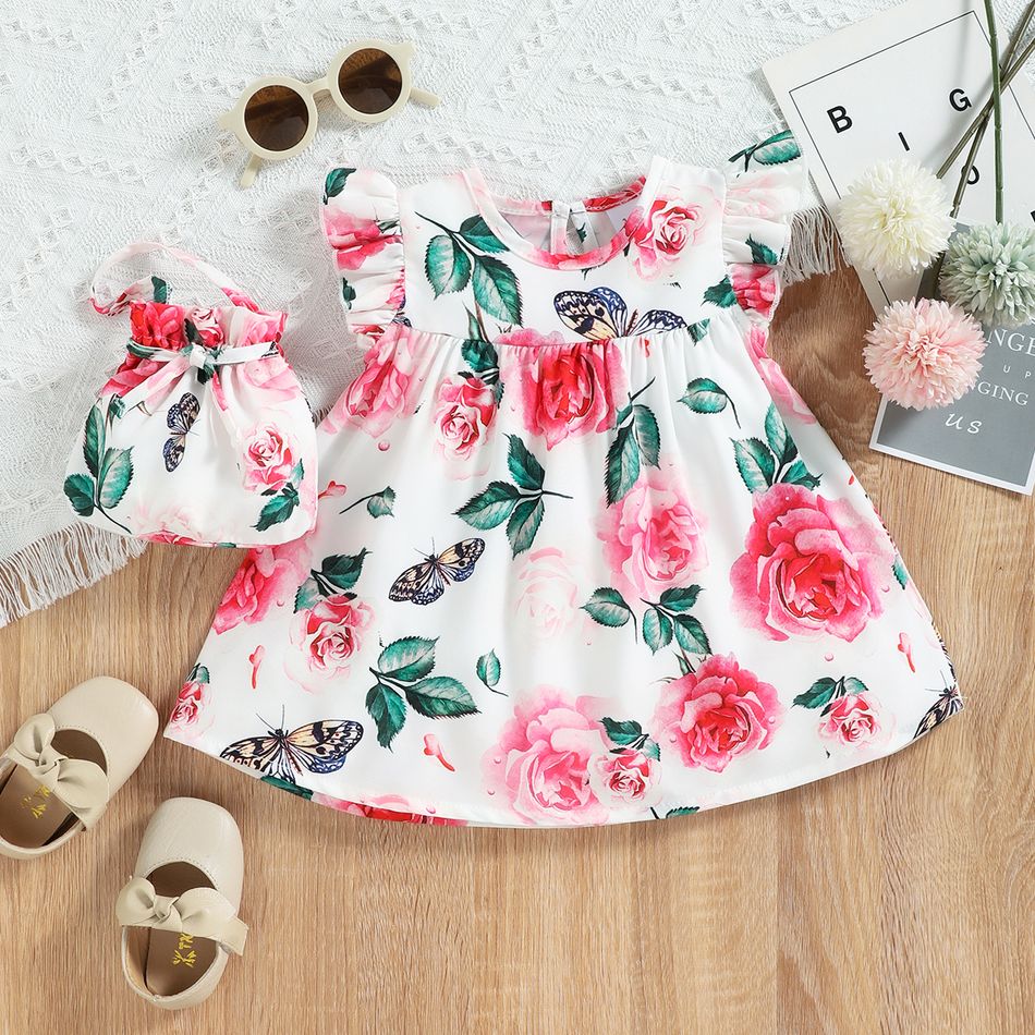 2pcs Baby Girl Allover Pink Floral Print Flutter-sleeve Dress with Handbag Set Pink