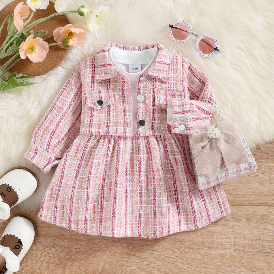 2pcs Baby Girl Button Front Pink Tweed Cardigan and Long-sleeve Spliced Dress Set Pink