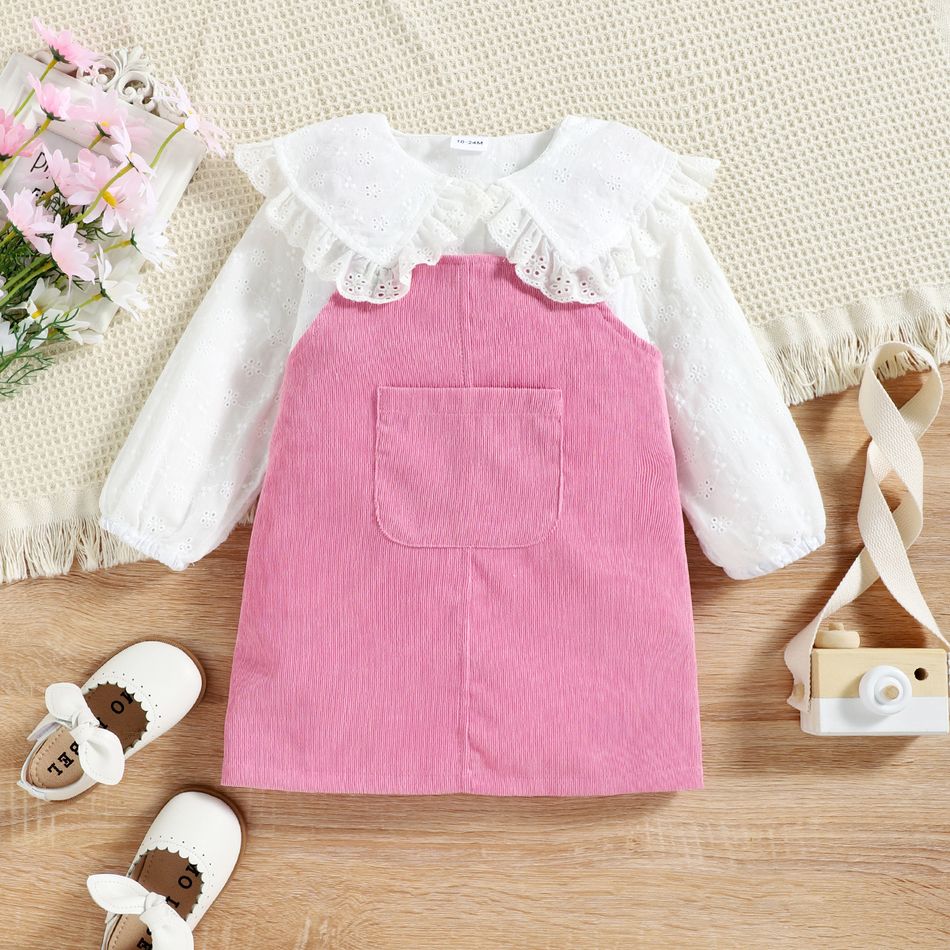 2pcs Toddler Girl Statement Collar Hollow out Long-sleeve White Blouse and Pink Overall Dress Set Light Pink