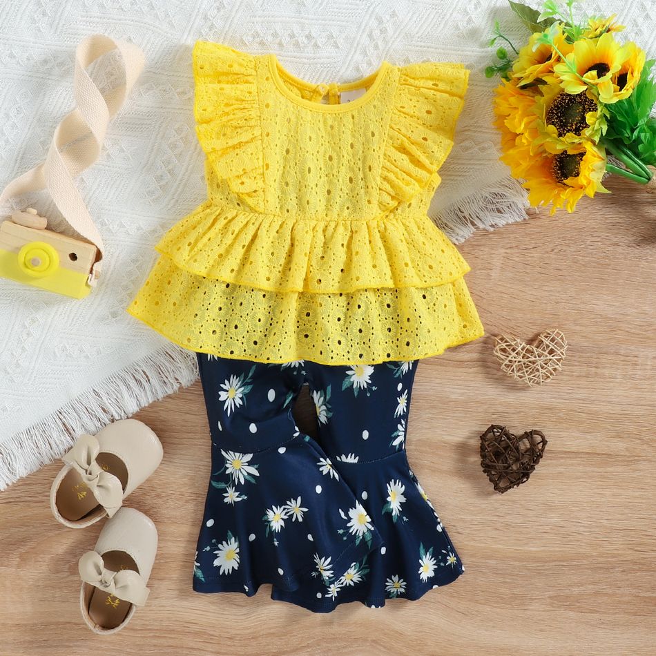 2pcs Baby Girl Solid Eyelet Embroidered Ruffle Trim Layered Tank Top and Allover Daisy Floral Print Flared Pants Set Yellow big image 3