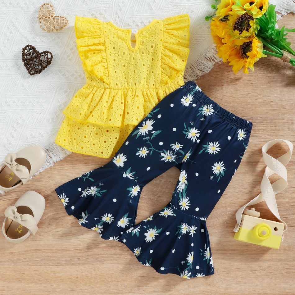 2pcs Baby Girl Solid Eyelet Embroidered Ruffle Trim Layered Tank Top and Allover Daisy Floral Print Flared Pants Set Yellow big image 2