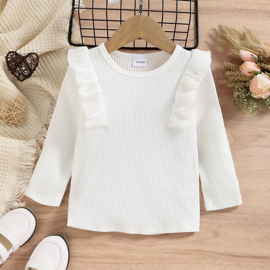 2pcs Toddler Girl Trendy Ruffled Ribbed Long-sleeve Tee and Plaid Button Design Skirt Set White big image 5