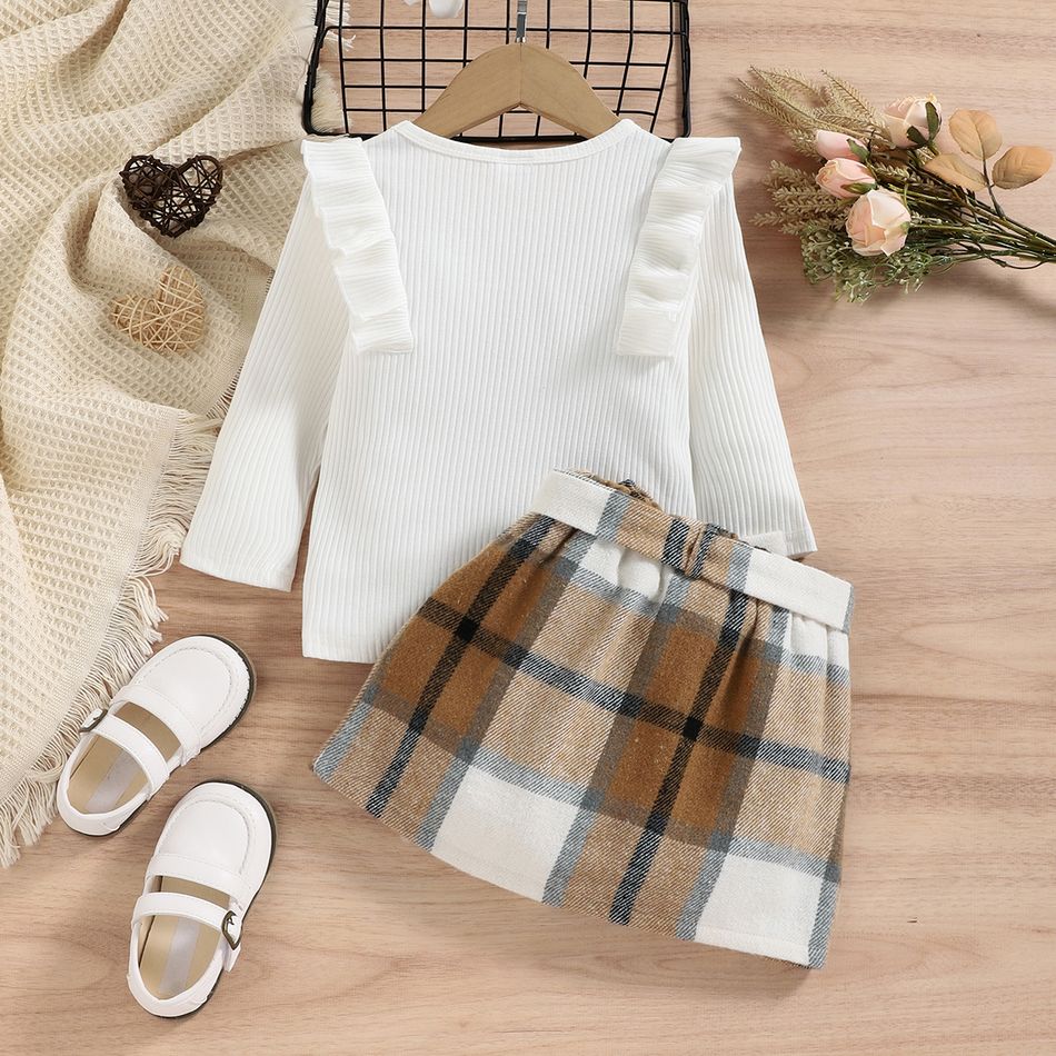 2pcs Toddler Girl Trendy Ruffled Ribbed Long-sleeve Tee and Plaid Button Design Skirt Set White big image 2