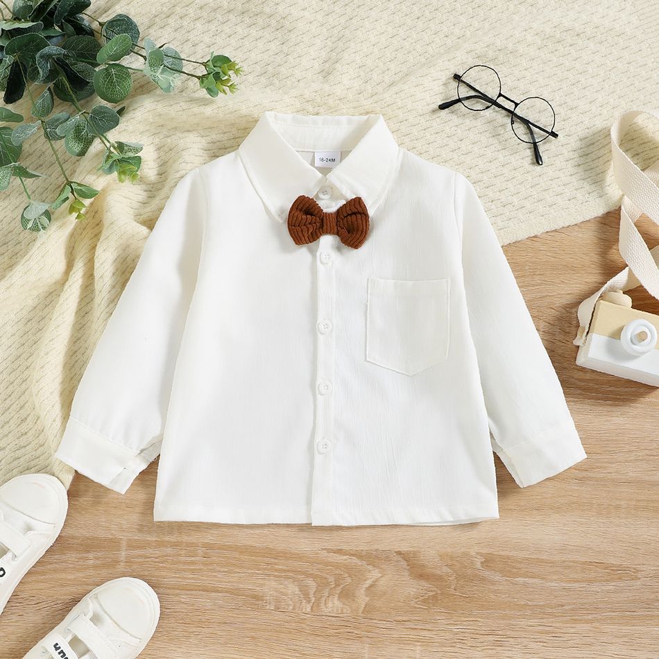 2pcs Toddler Boy Gentleman Suit, Lapel Collar Bow tie Design Shirt and Suspender Pants Set Brown big image 5