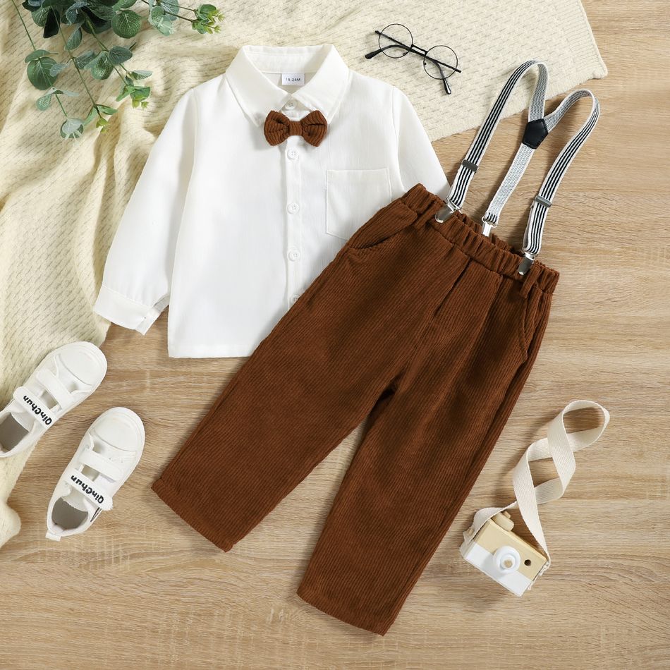 2pcs Toddler Boy Gentleman Suit, Lapel Collar Bow tie Design Shirt and Suspender Pants Set Brown big image 3