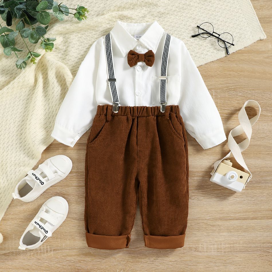 2pcs Toddler Boy Gentleman Suit, Lapel Collar Bow tie Design Shirt and Suspender Pants Set Brown big image 2