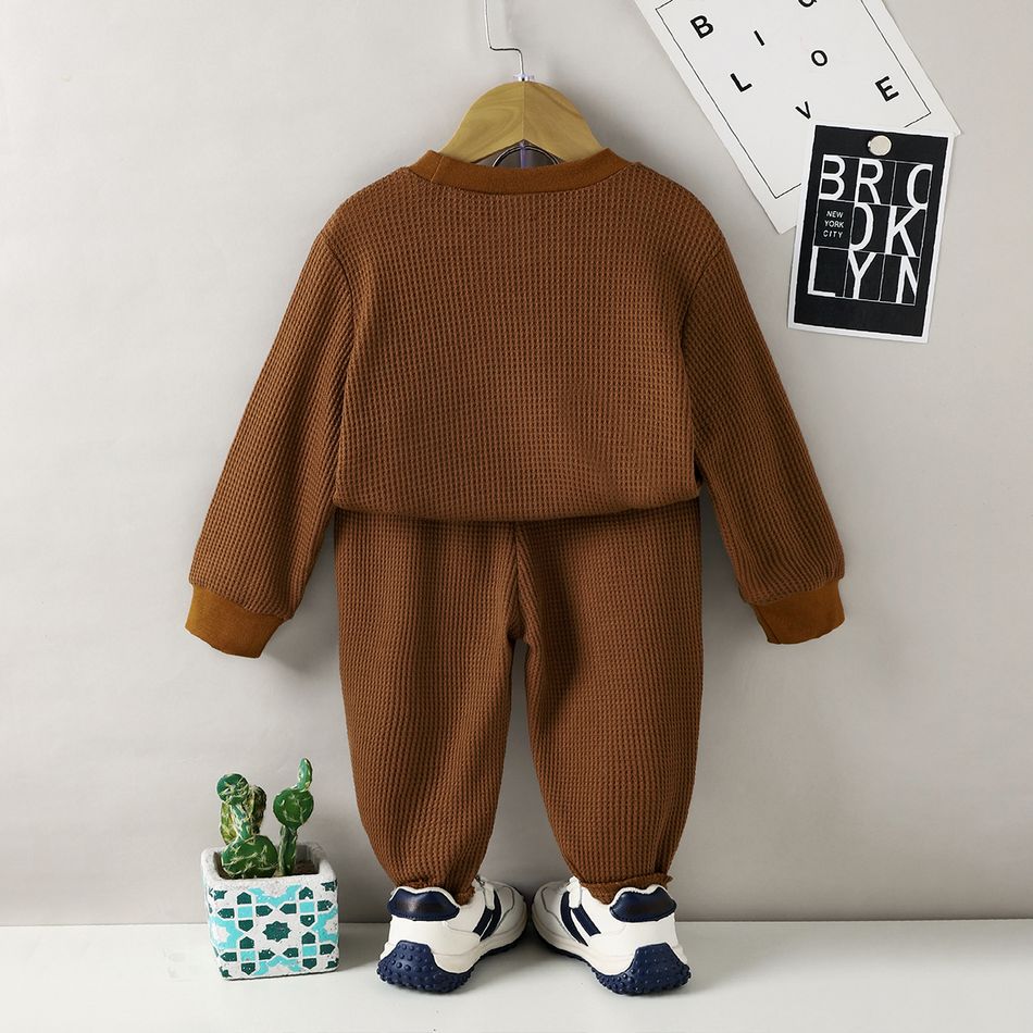 2pcs Toddler Boy Pocket Design Waffle Pullover Sweatshirt and Elasticized Pants Set Brown big image 5