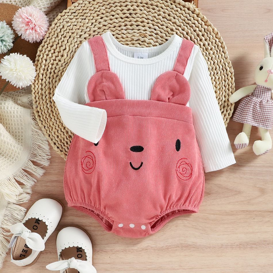 Baby Girl 95% Cotton Long-sleeve Rib Knit Spliced Cartoon Embroidered Romper White