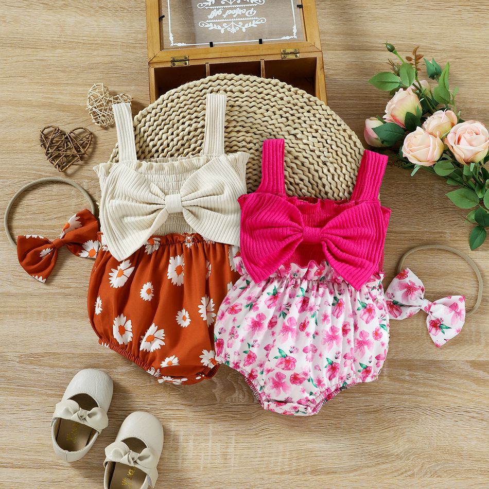 2pcs Baby Girl 95% Cotton Ribbed Bowknot Splicing Floral Print Sleeveless Romper with Headband Set Hot Pink big image 2