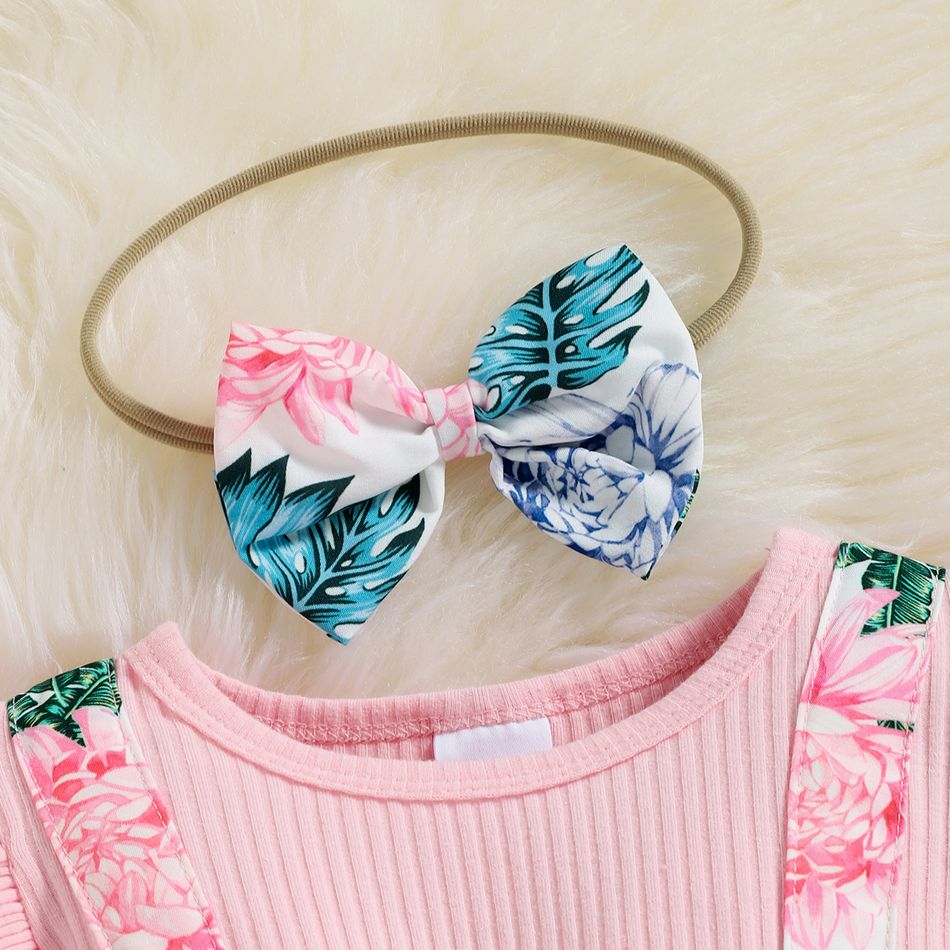 2pcs Baby Girl 95% Cotton Long-sleeve Rib Knit Bow Front Spliced Palm Leaf Print Layered Ruffle Romper with Headband Set Pink big image 3