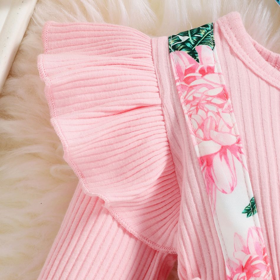 2pcs Baby Girl 95% Cotton Long-sleeve Rib Knit Bow Front Spliced Palm Leaf Print Layered Ruffle Romper with Headband Set Pink big image 4