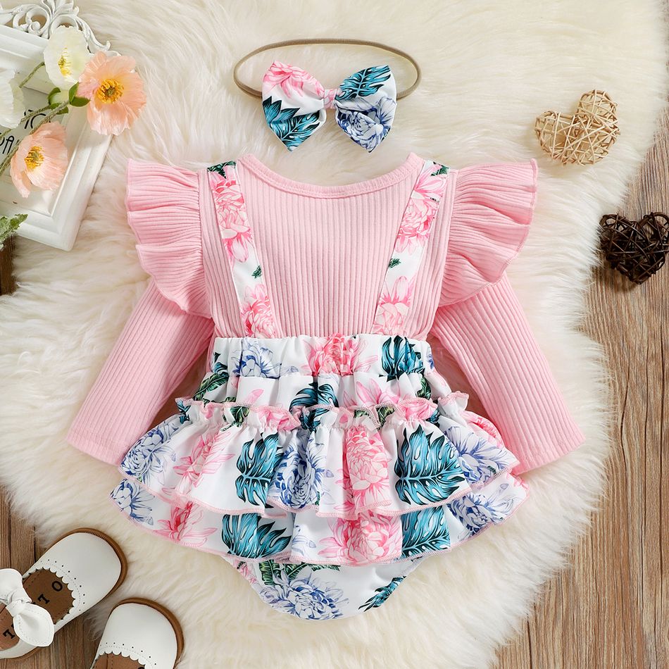2pcs Baby Girl 95% Cotton Long-sleeve Rib Knit Bow Front Spliced Palm Leaf Print Layered Ruffle Romper with Headband Set Pink big image 2