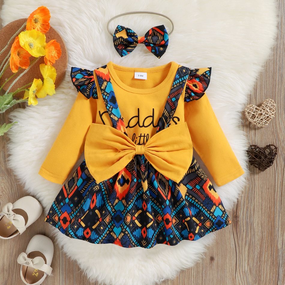 3pcs Baby Girl Long-sleeve Letter Print Romper and Bow Front Boho Suspender Skirt with Headband Set Ginger-2