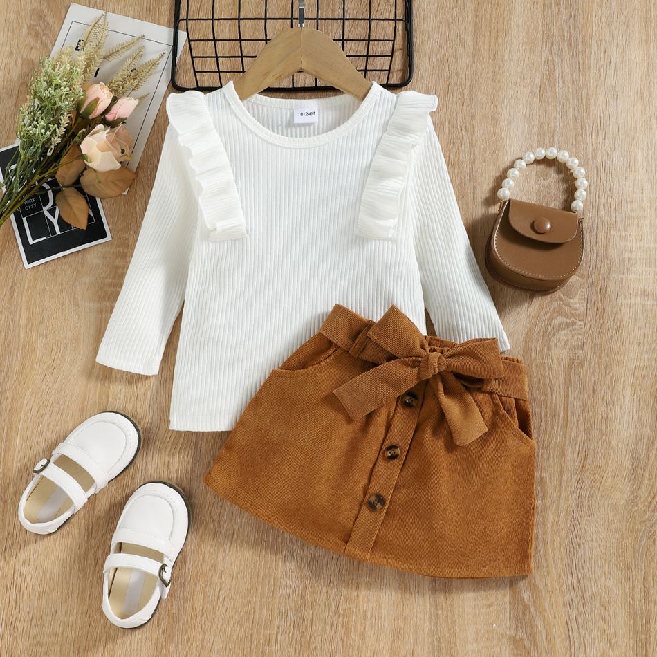 2pcs Toddler Girl Trendy Ruffled Ribbed Tee and Button Design Corduroy Skirt Set White big image 2
