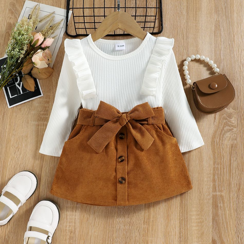 2pcs Toddler Girl Trendy Ruffled Ribbed Tee and Button Design Corduroy Skirt Set White big image 5