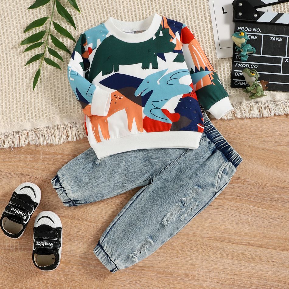 2pcs Baby Boy Allover Dinosaur Print Long-sleeve Sweatshirt and Ripped Jeans Set Blue big image 1