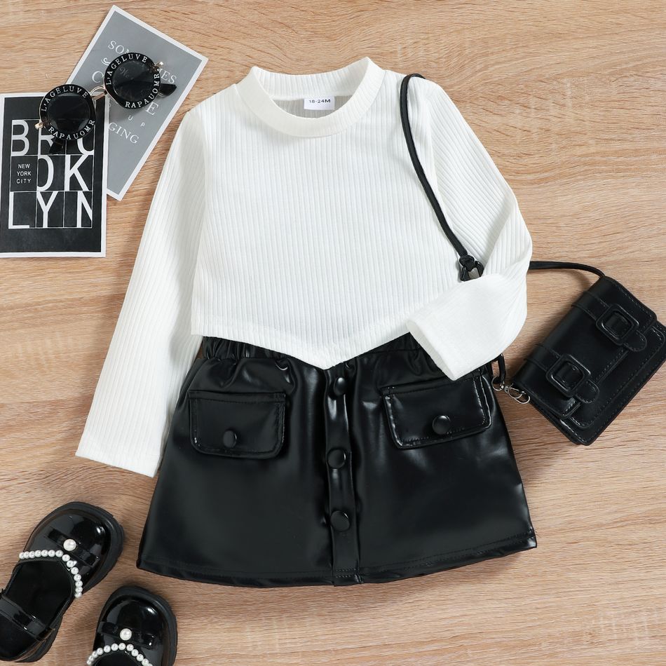 2pcs Toddler Girl Ribbed Irregular Hem Long-sleeve White Tee and Faux Leather Skirt Set White big image 1