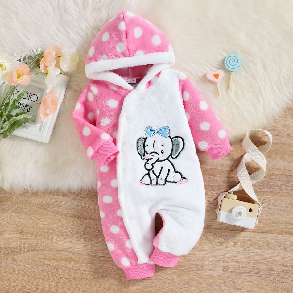 Baby Girl Elephant Embroidered Polka Dots Spliced Hooded Long-sleeve Thermal Fuzzy Jumpsuit Pink