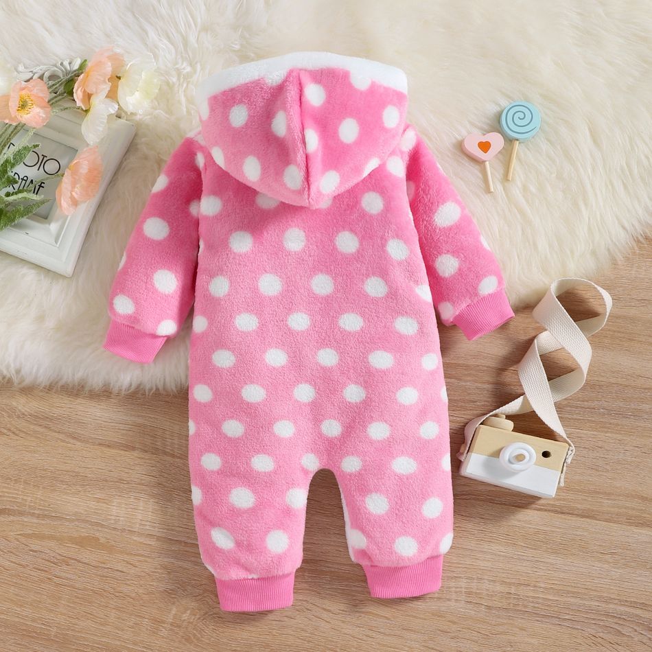 Baby Girl Elephant Embroidered Polka Dots Spliced Hooded Long-sleeve Thermal Fuzzy Jumpsuit Pink big image 2