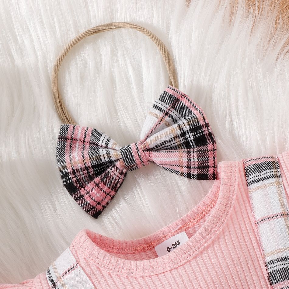 2pcs Baby Girl 95% Cotton Long-sleeve Rib Knit Ruffle Trim Bow Front Spliced Plaid Romper with Headband Set Pink big image 3