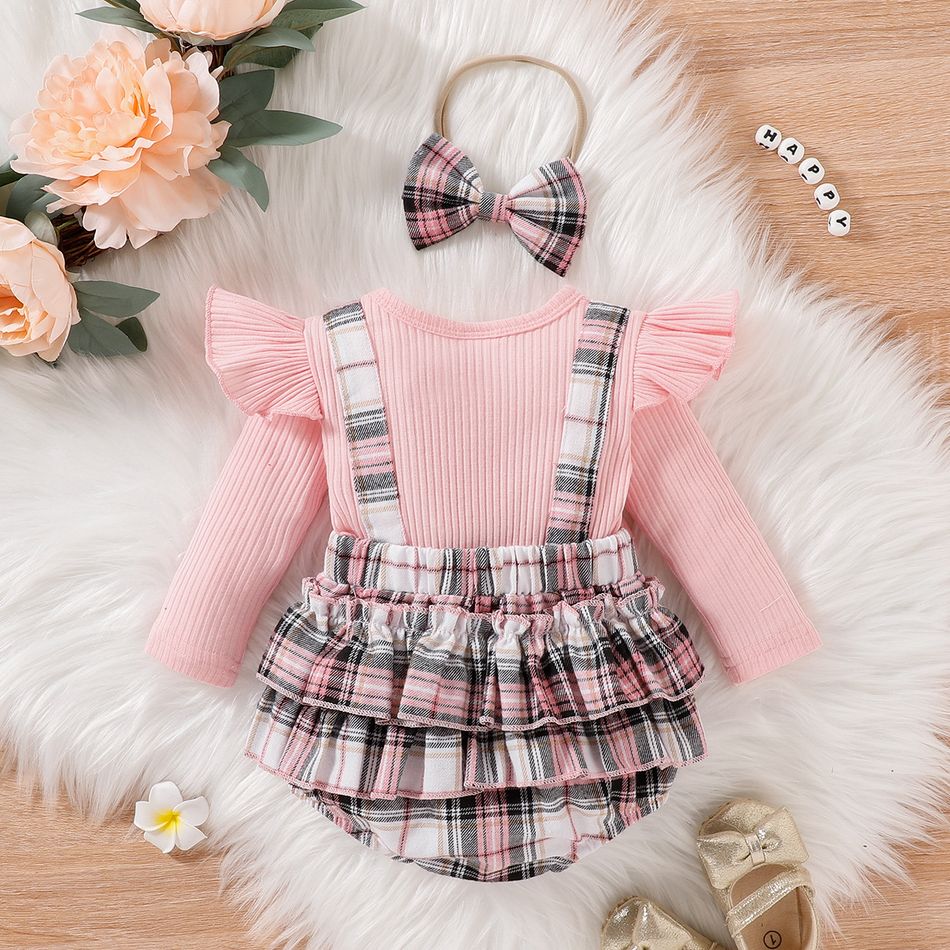 2pcs Baby Girl 95% Cotton Long-sleeve Rib Knit Ruffle Trim Bow Front Spliced Plaid Romper with Headband Set Pink big image 2