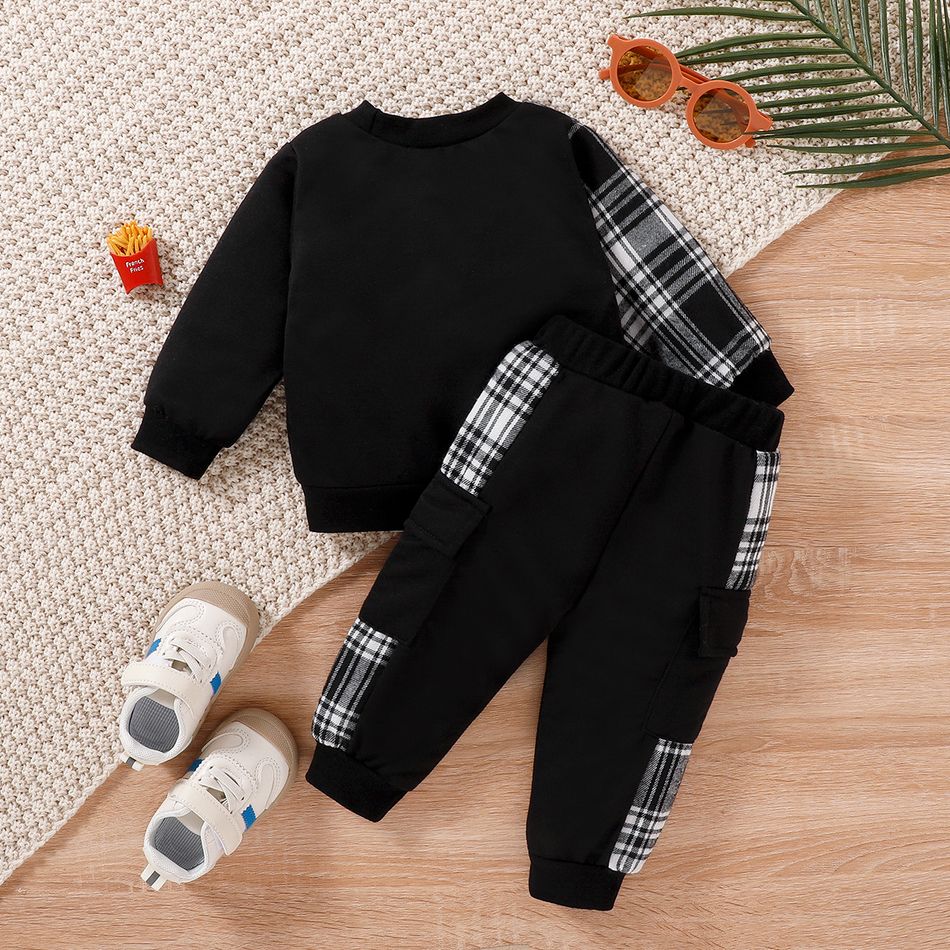 2pcs Baby Boy Letter Print Long-sleeve Plaid Spliced Sweatshirt and Sweatpants Set Black big image 2
