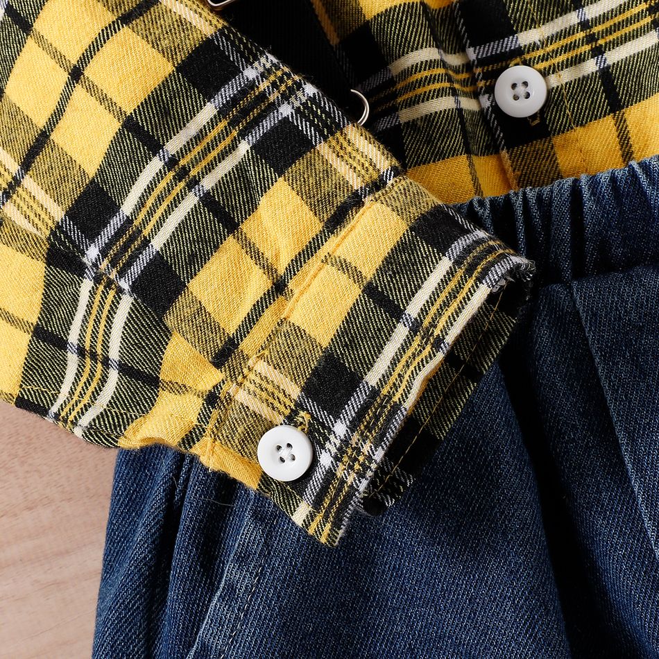 2 قطعة بدلة طفل رضيع نبيل ، بنطلون جينز بحمالة ومجموعة قميص بياقة منقوشة الأصفر big image 5