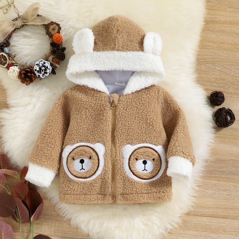 Baby Boy Bear Ears Hooded Long-sleeve Zipper Thermal Fleece Coat Khaki big image 1