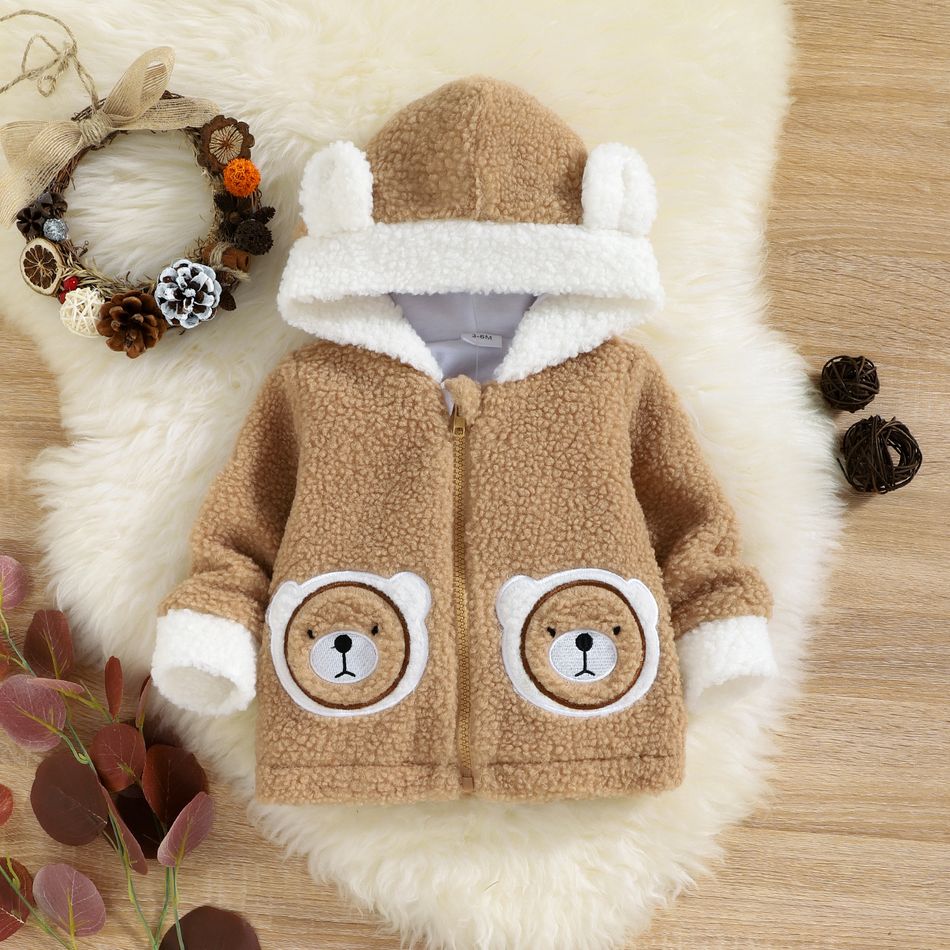 Baby Boy Bear Ears Hooded Long-sleeve Zipper Thermal Fleece Coat Khaki big image 3