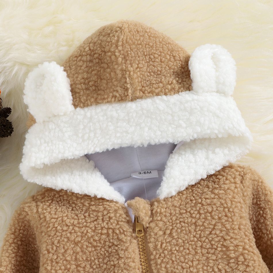 Baby Boy Bear Ears Hooded Long-sleeve Zipper Thermal Fleece Coat Khaki big image 4