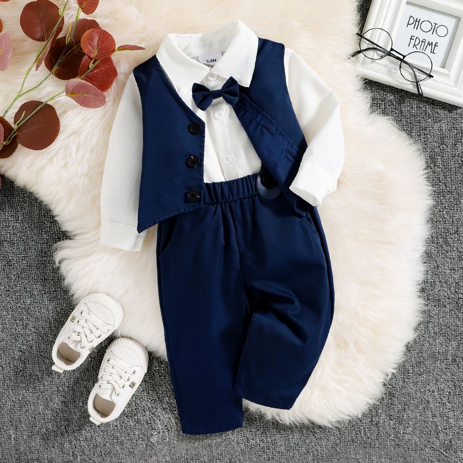 3pcs Baby Boy Party Outfits Gentleman Bow Tie Long-sleeve Shirt and Solid Waistcoat with Suspender Pants Set Blue