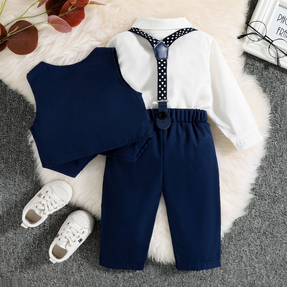 3pcs Baby Boy Party Outfits Gentleman Bow Tie Long-sleeve Shirt and Solid Waistcoat with Suspender Pants Set Blue big image 3