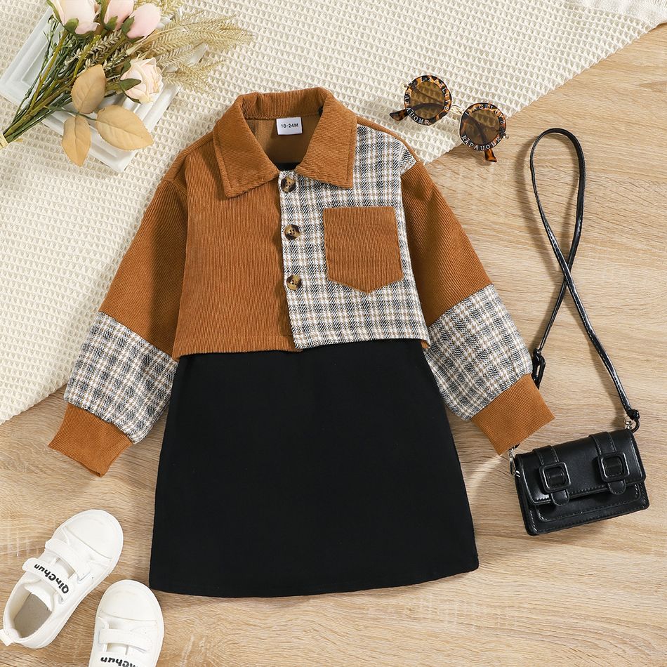 2pcs Toddler Girl Plaid Splice Lapel Collar Jacket and Black Slip Dress Set Black big image 1