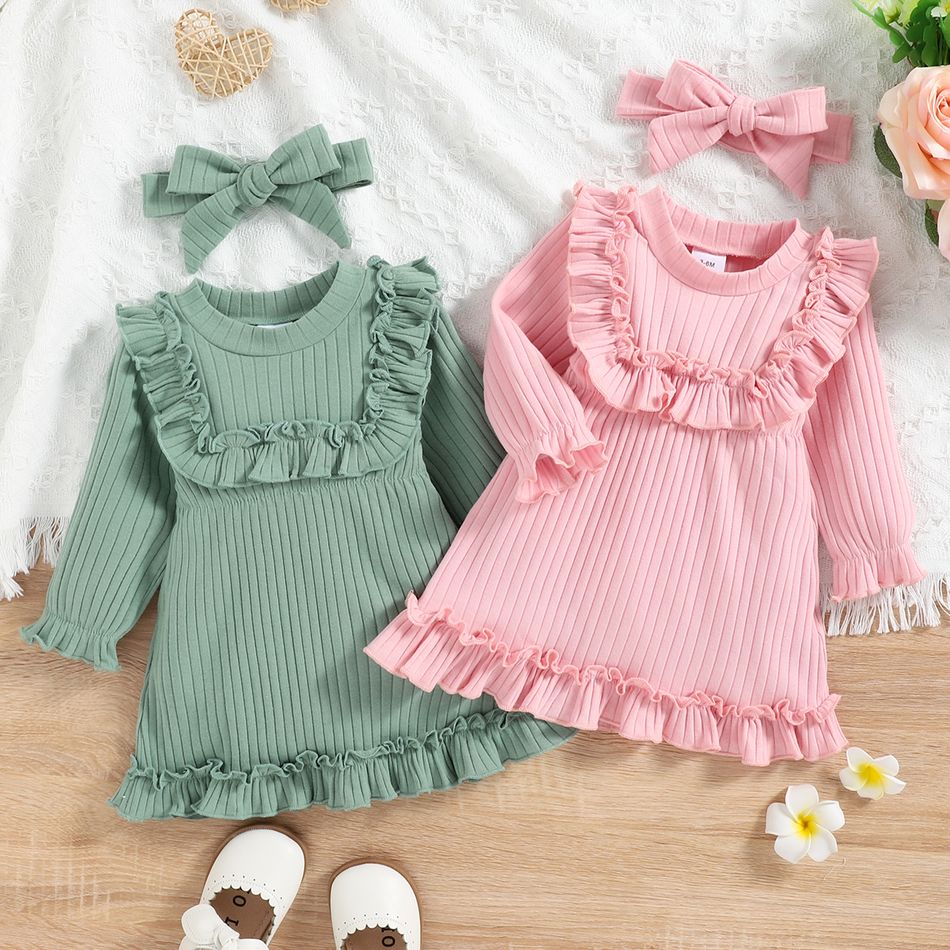 2pcs Baby Girl Solid Rib Knit Ruffle Trim Long-sleeve Dress with Headband Set Pink big image 2