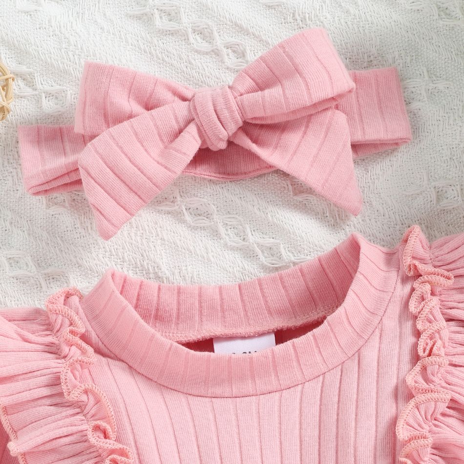2pcs Baby Girl Solid Rib Knit Ruffle Trim Long-sleeve Dress with Headband Set Pink big image 5