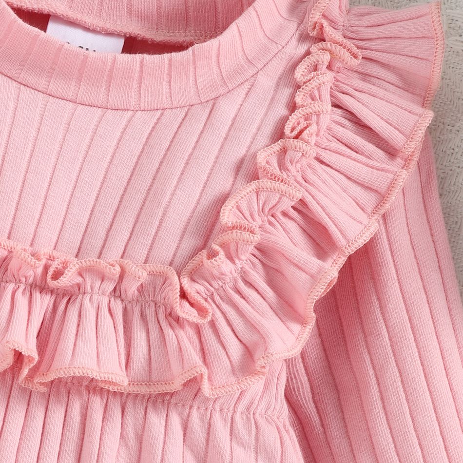 2pcs Baby Girl Solid Rib Knit Ruffle Trim Long-sleeve Dress with Headband Set Pink big image 6