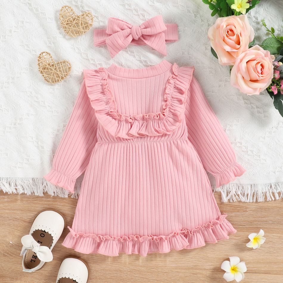 2pcs Baby Girl Solid Rib Knit Ruffle Trim Long-sleeve Dress with Headband Set Pink big image 3