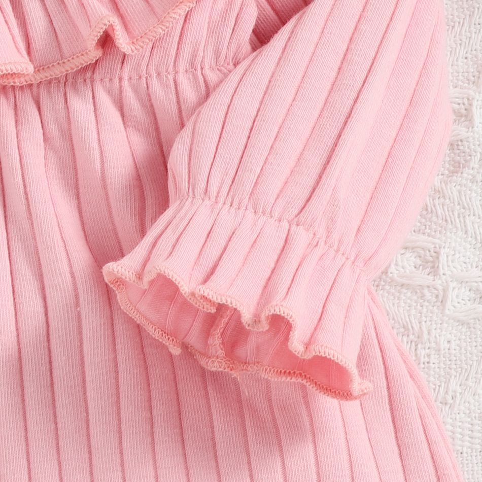 2pcs Baby Girl Solid Rib Knit Ruffle Trim Long-sleeve Dress with Headband Set Pink big image 7