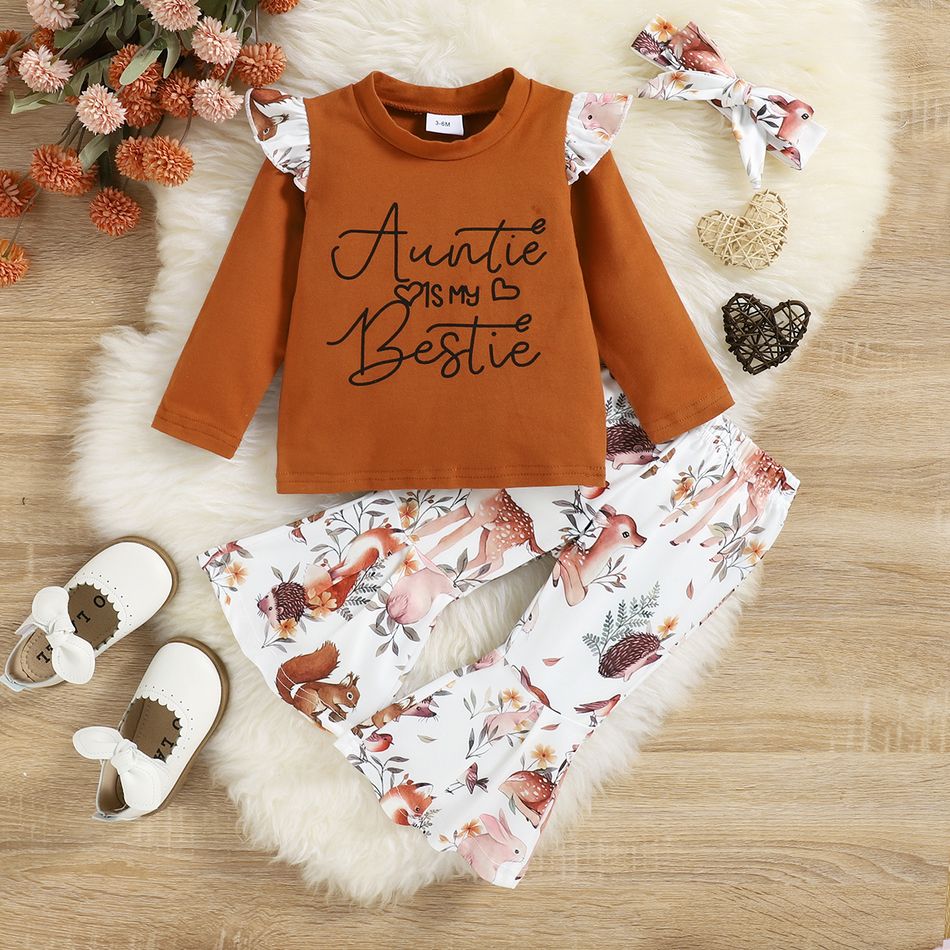 3pcs Baby Girl 95% Cotton Long-sleeve Letter Print Ruffle Trim Tee and Allover Animal Print Flared Pants with Headband Set Brown big image 1