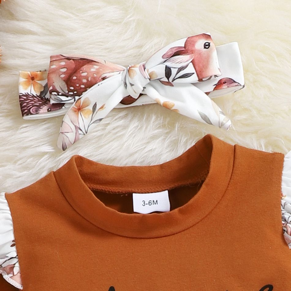 3pcs Baby Girl 95% Cotton Long-sleeve Letter Print Ruffle Trim Tee and Allover Animal Print Flared Pants with Headband Set Brown big image 4