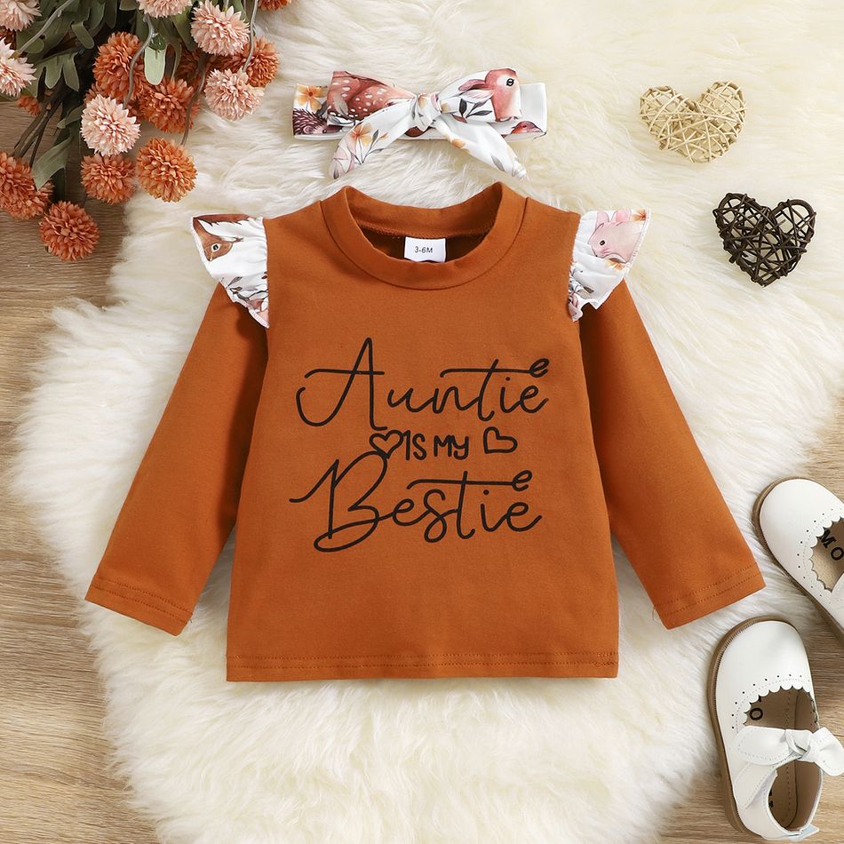 3pcs Baby Girl 95% Cotton Long-sleeve Letter Print Ruffle Trim Tee and Allover Animal Print Flared Pants with Headband Set Brown big image 3
