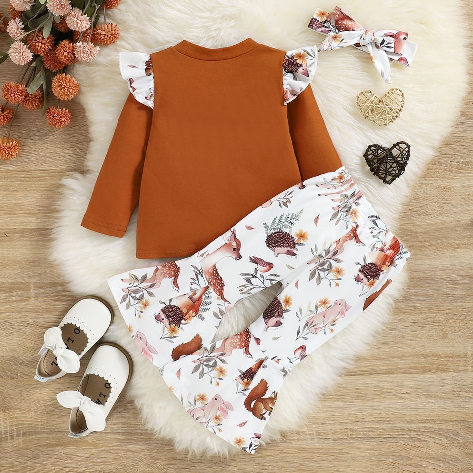 3pcs Baby Girl 95% Cotton Long-sleeve Letter Print Ruffle Trim Tee and Allover Animal Print Flared Pants with Headband Set Brown big image 2