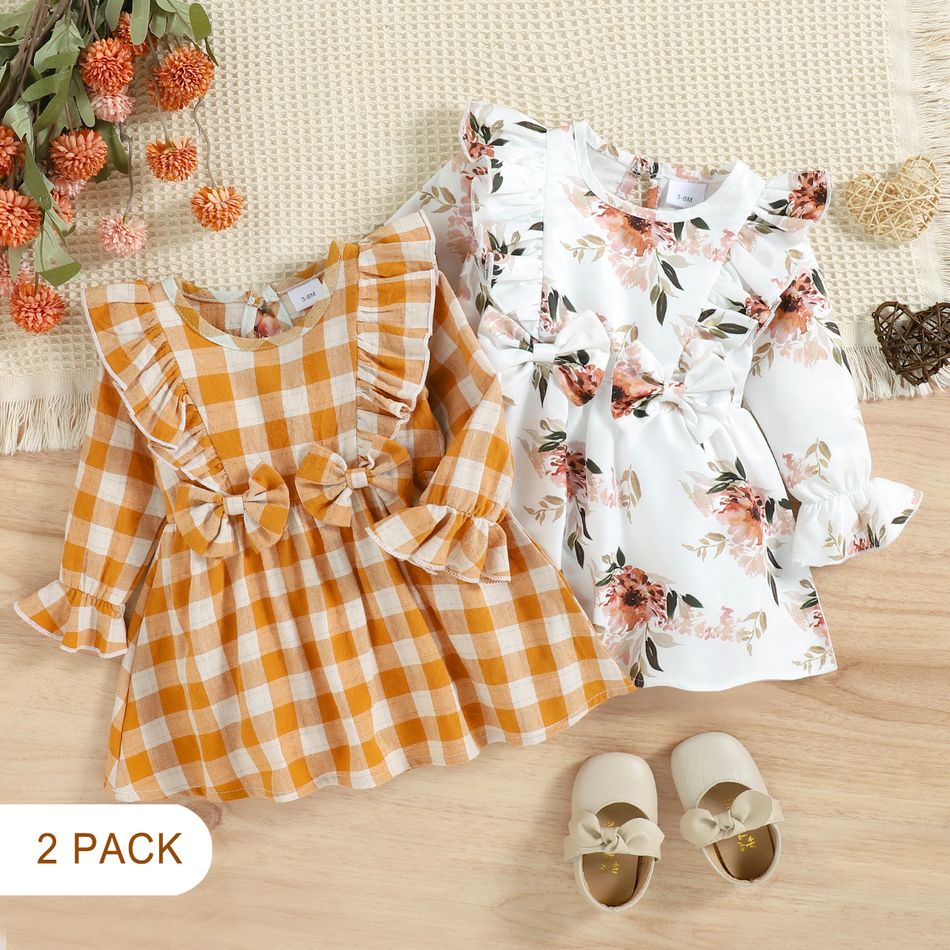 2-Pack Baby Girl Ruffle Trim Bowknot Decor Long-sleeve Plaid and Floral Print Dresses Set MultiColour