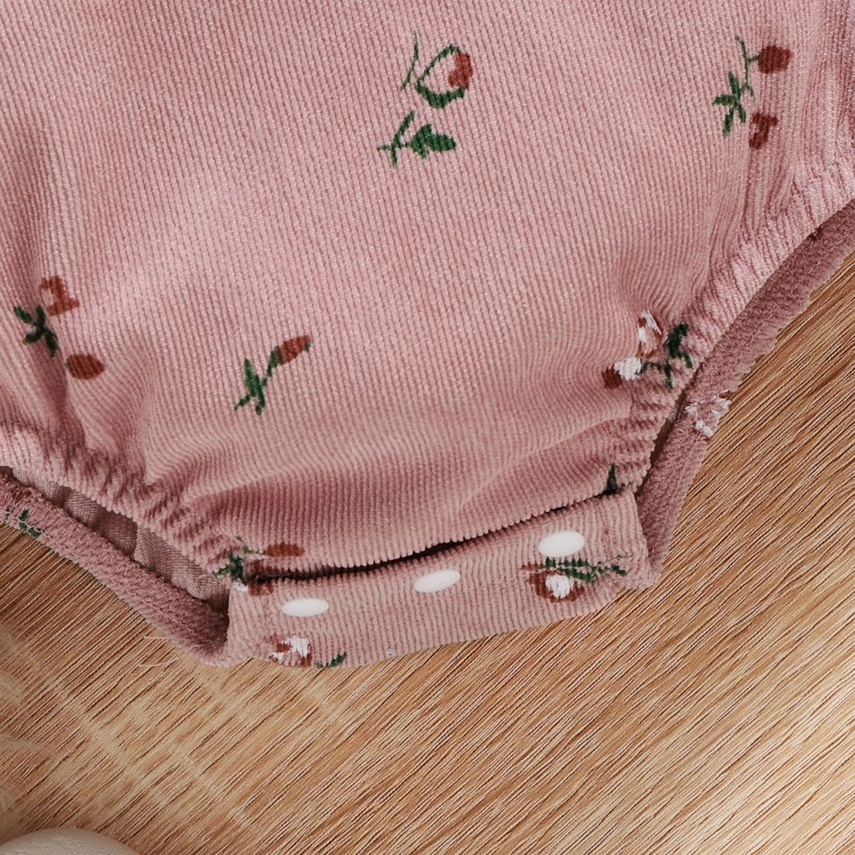 3pcs Baby Girl 95% Cotton Long-sleeve Solid Rib Knit Ruffle Trim Top and Floral Print Romper with Headband Set White big image 6