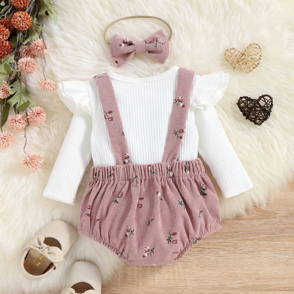 3pcs Baby Girl 95% Cotton Long-sleeve Solid Rib Knit Ruffle Trim Top and Floral Print Romper with Headband Set White
