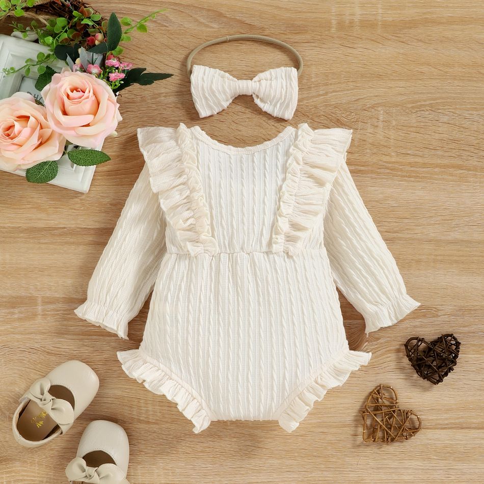 2pcs Baby Girl 95% Cotton Rib Knit Ruffle Trim Bowknot Button Front Long-sleeve Romper with Headband Set Beige big image 2